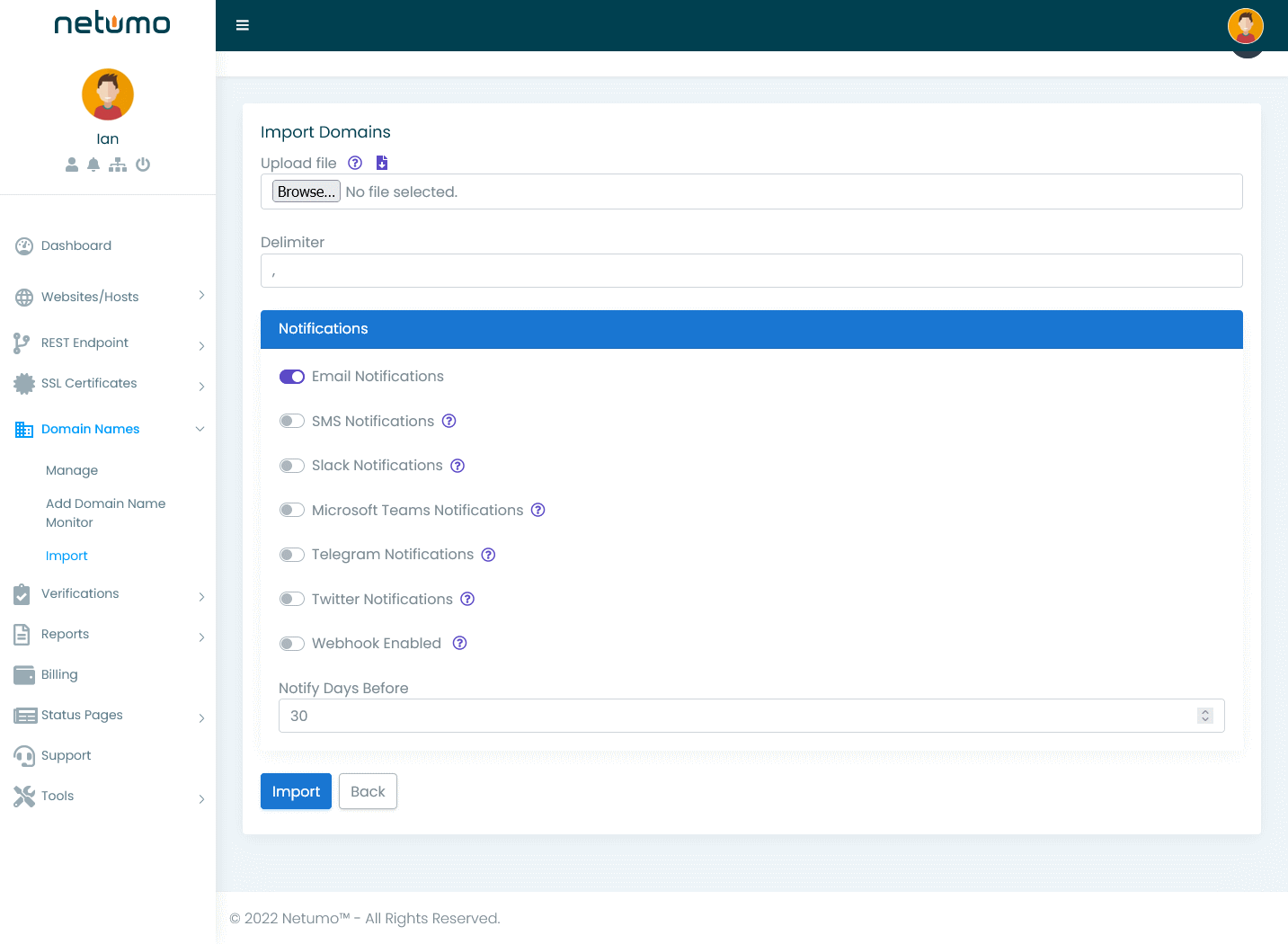 Import Domain Monitors | Netumo Documentation